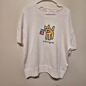 Life is Good XL Short Sleeve Knit Sweater Rocket the Dog with American Flag